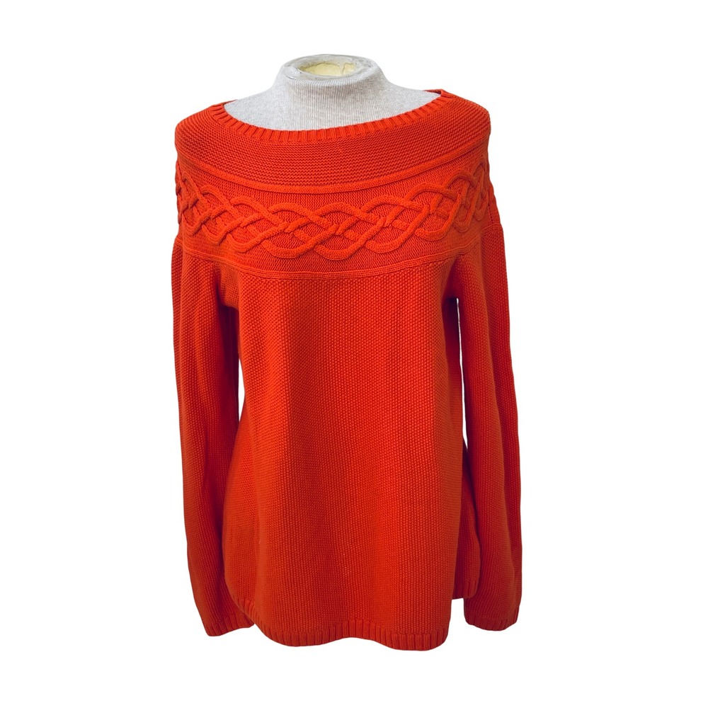 Talbots Womens Orange Boat Neck Cable Knit Yoke Cotton Cashmere Sweater Small